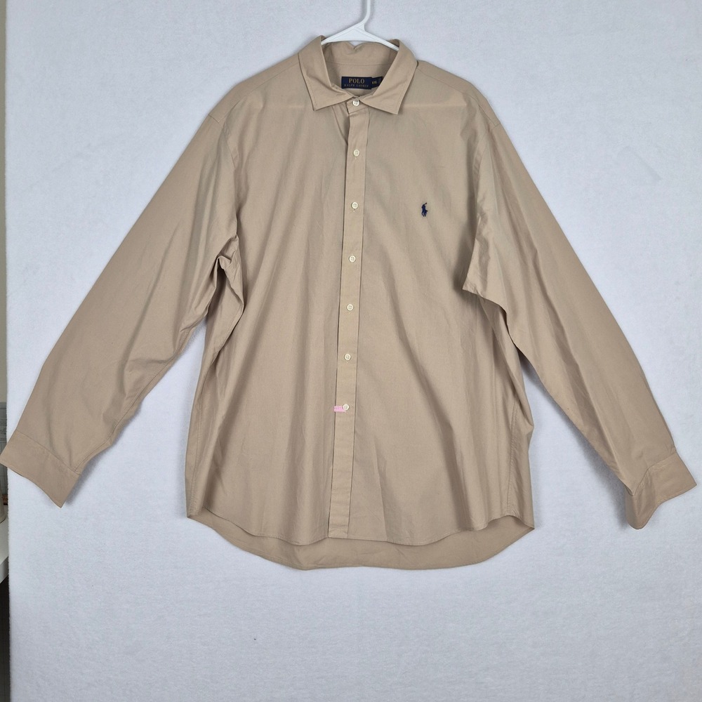 Polo Ralph Lauren Mens XXL Tan Khaki Cotton Poplin Long Sleeve Button Down Shirt